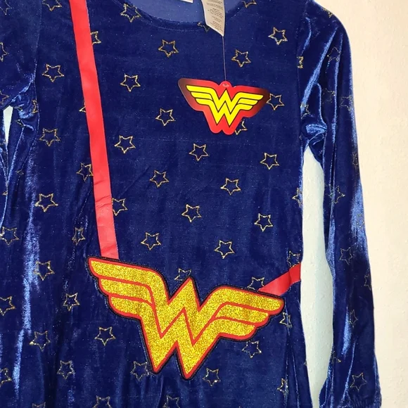 NWT WonderWoman Velour Blue Gold/Red Glitter Embroidered Logo Dress Girl Sz 6/6X - Picture 7 of 12